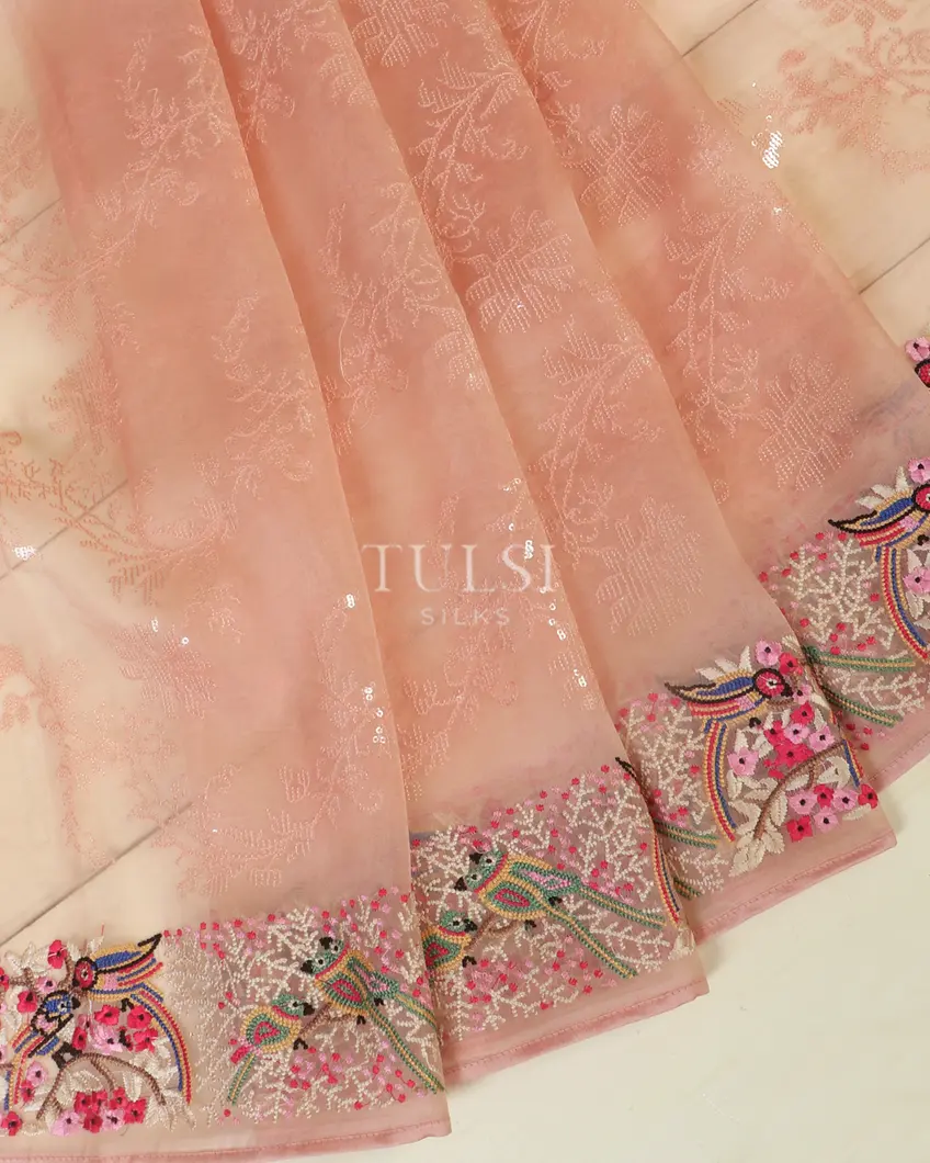 Peach Kora Organza Embroidery Saree T4664142