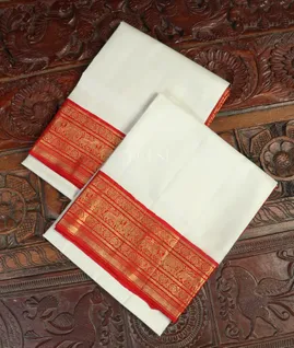 White Handwoven Kanjivaram Silk Dhoti and Vastharam T4738071