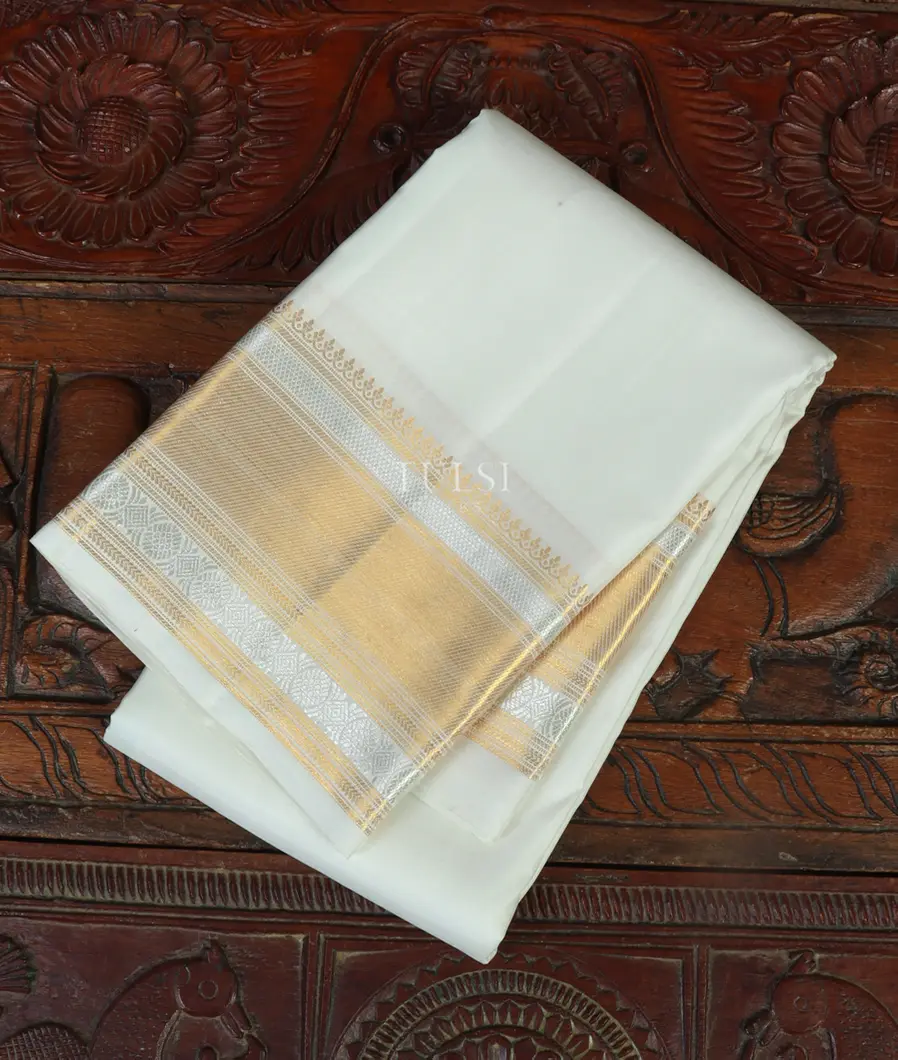 White Handwoven Kanjivaram Silk Dhoti and Vastharam T470435-image