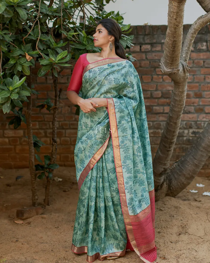 Blue Tussar Printed Saree T4573464