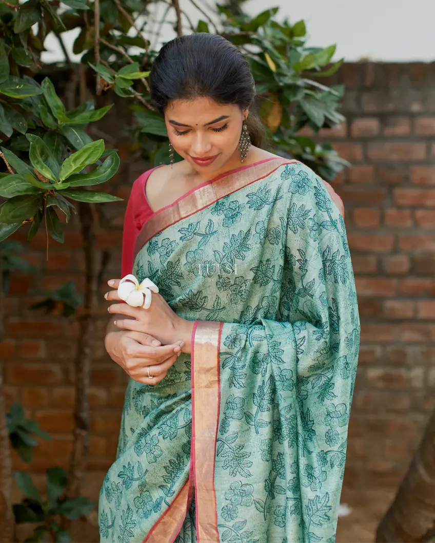 Blue Tussar Printed Saree T4573466