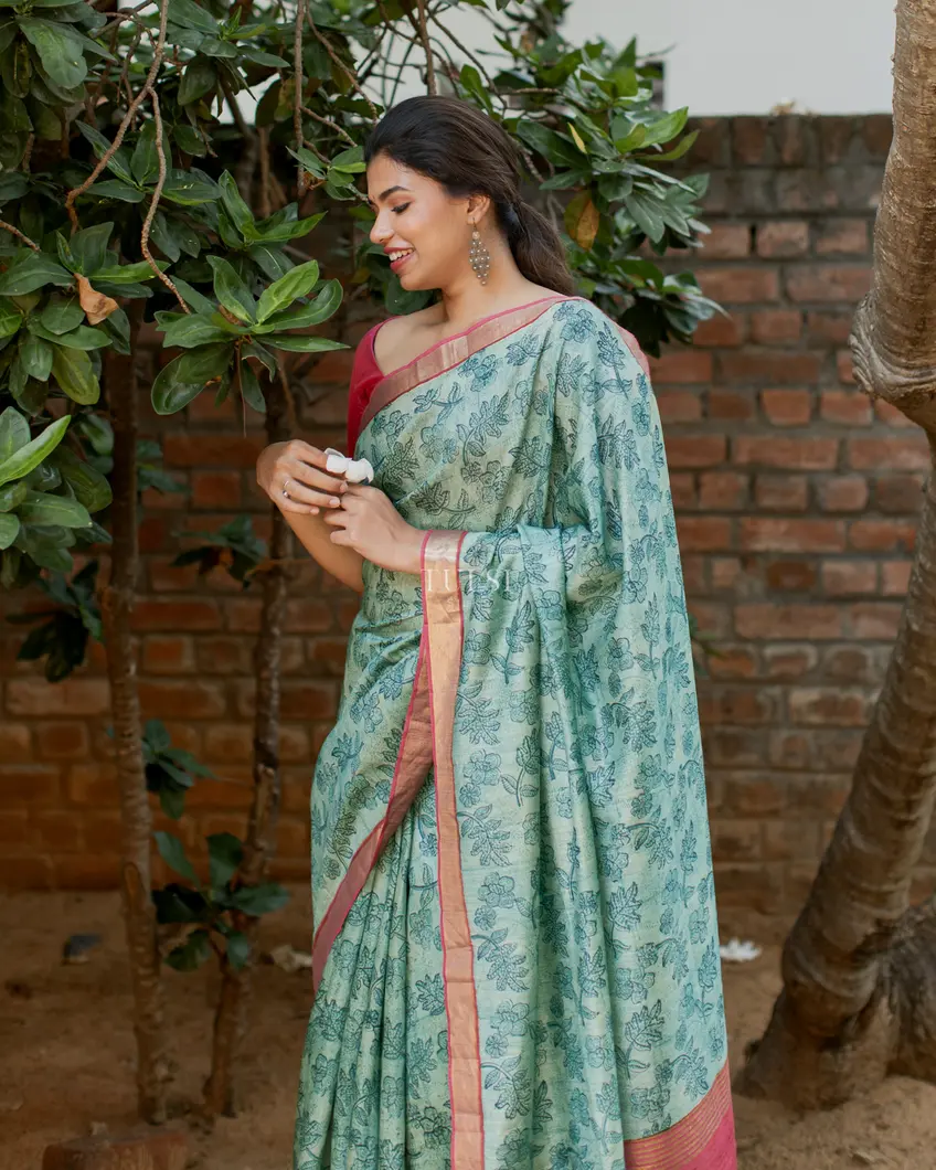 Blue Tussar Printed Saree T4573467