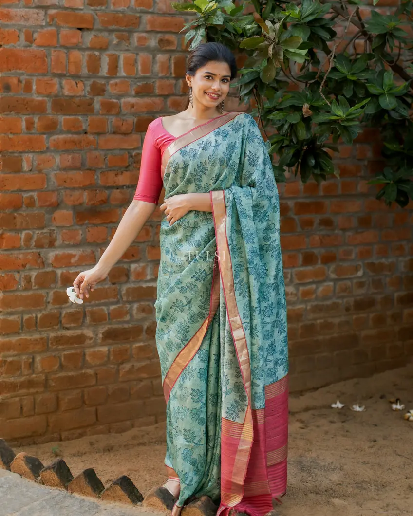 Blue Tussar Printed Saree T4573468