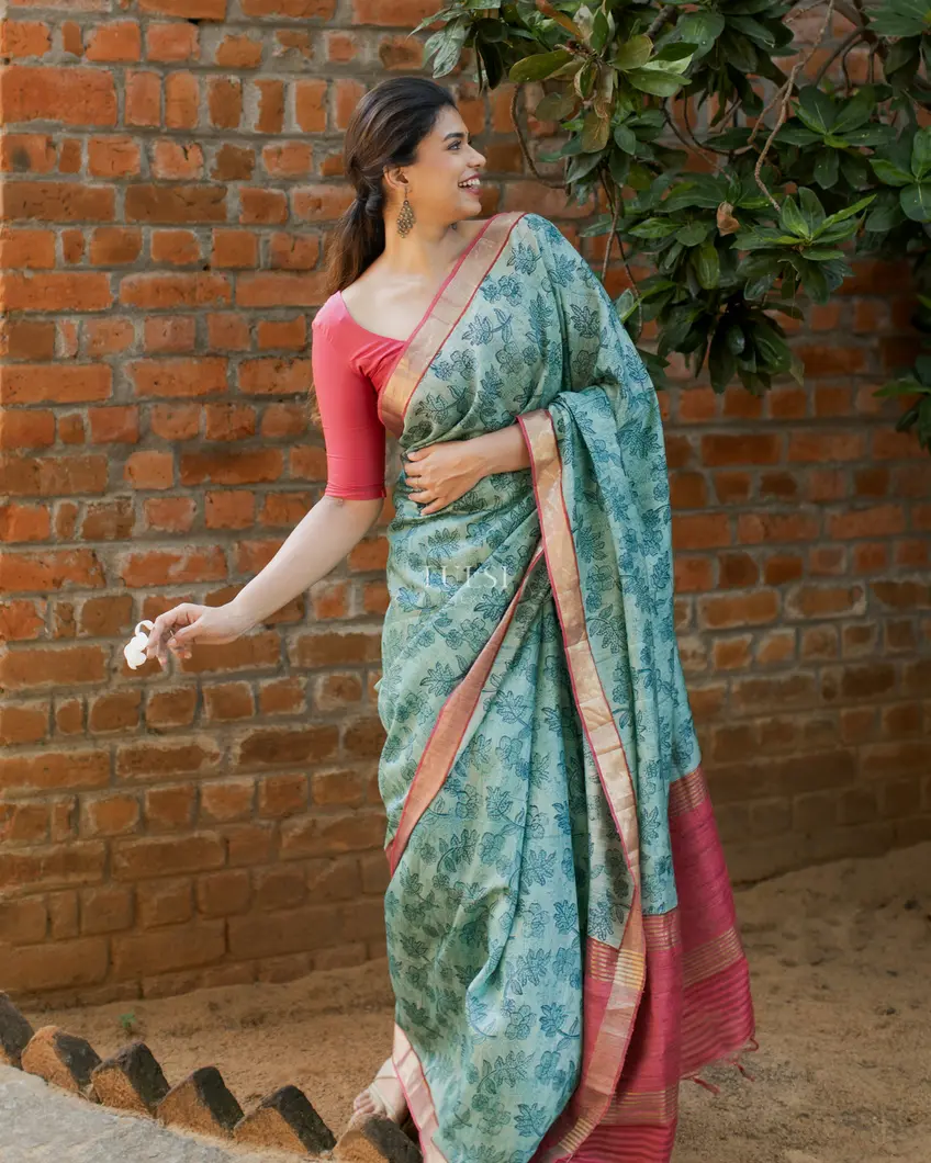 Blue Tussar Printed Saree T4573469