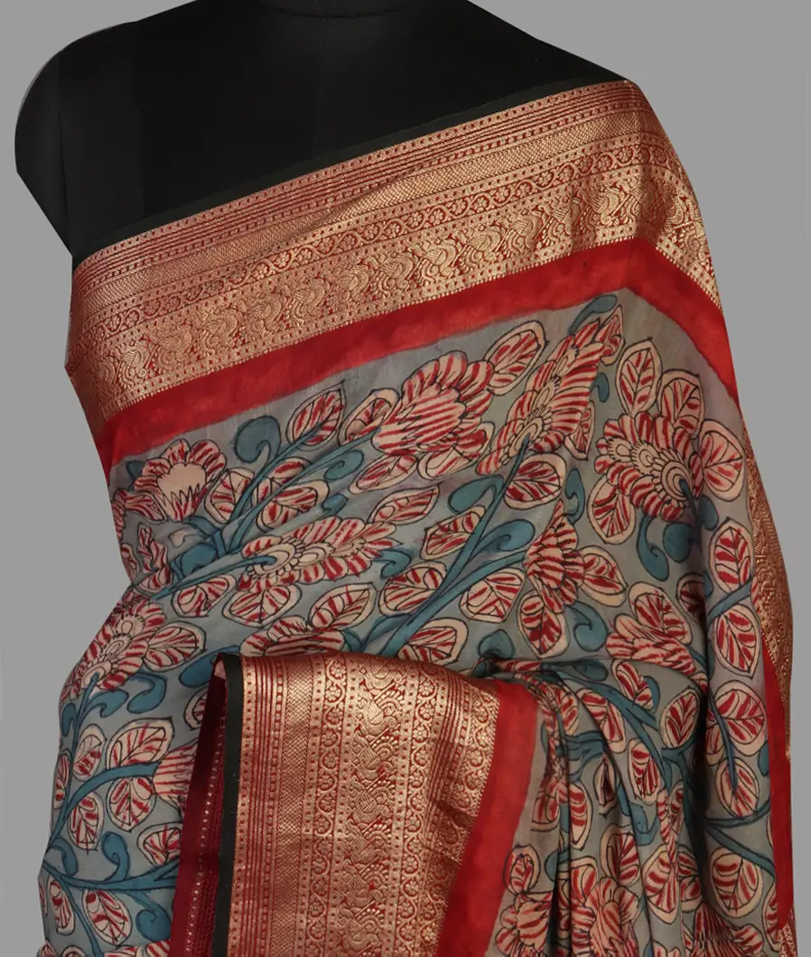 Grey Mysore Crepe Kalamkari Handpainted Saree T471536-image