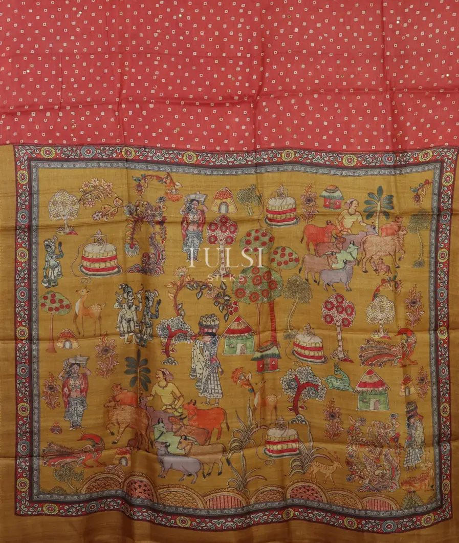 Red Tussar Printed Saree T4827034
