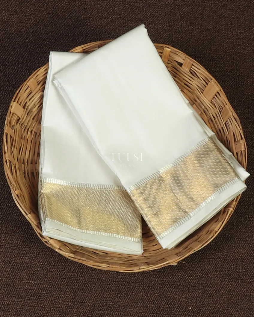 White Handwoven Kanjivaram Silk Dhoti and Vastharam T453987-image