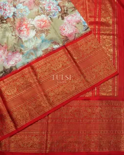 Light Khaki Printed Ikat Kanjivaram Silk Saree T4043614