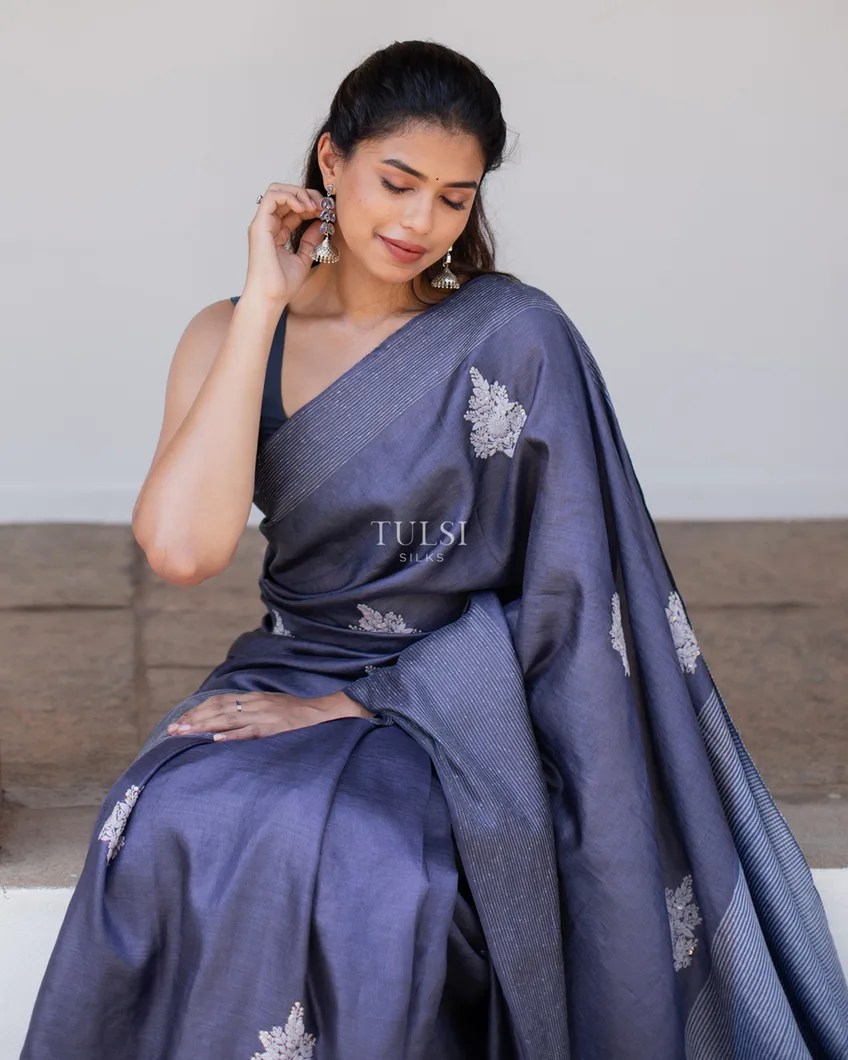 Indigo Blue Tussar Embroidery saree T451895-image