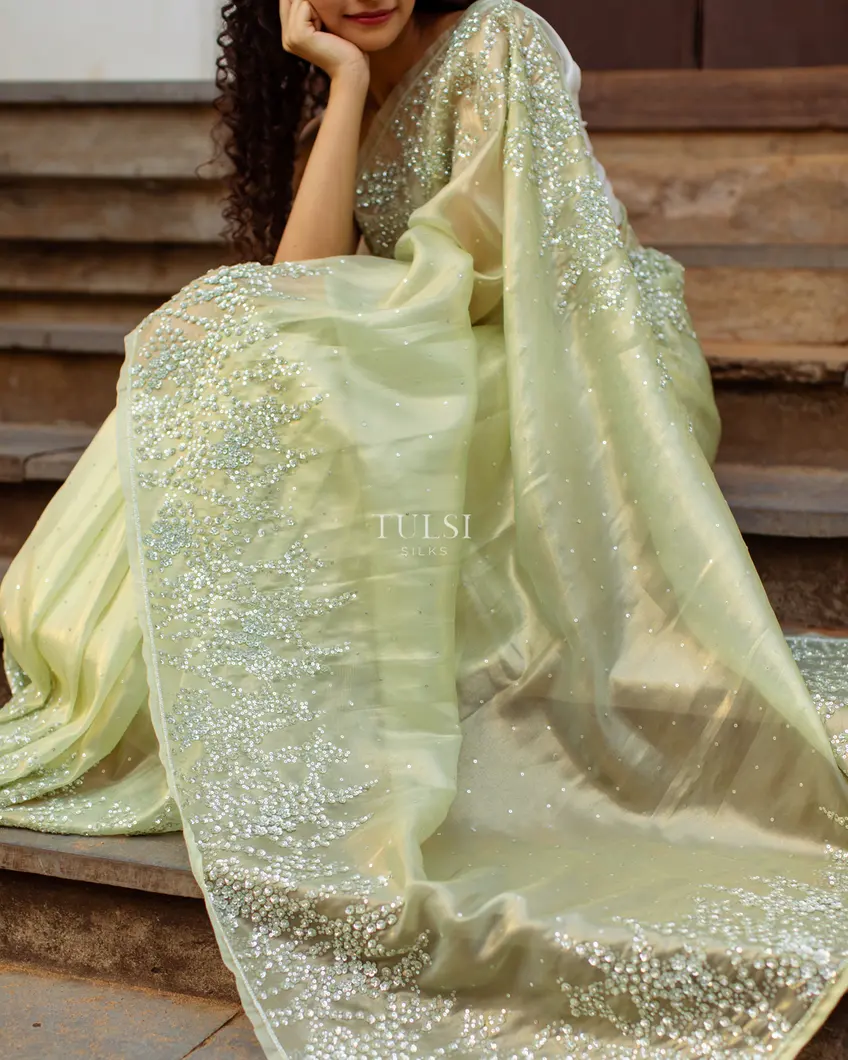 Pastel Green Tissue Organza Embroidery Saree T4746114