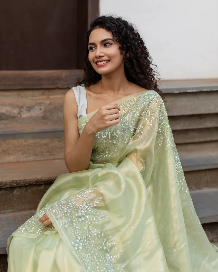 Pastel Green Woven Banarasi Organza Silk Saree | Kolour