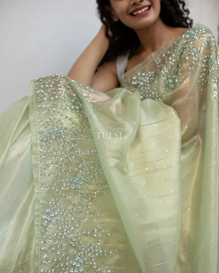 Pastel Green Tissue Organza Embroidery Saree T47461110