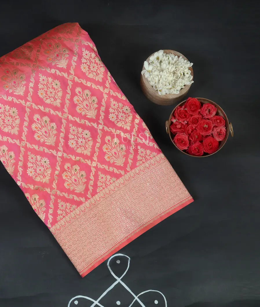 Pinkish Orange Banaras Silk Saree T485266-image