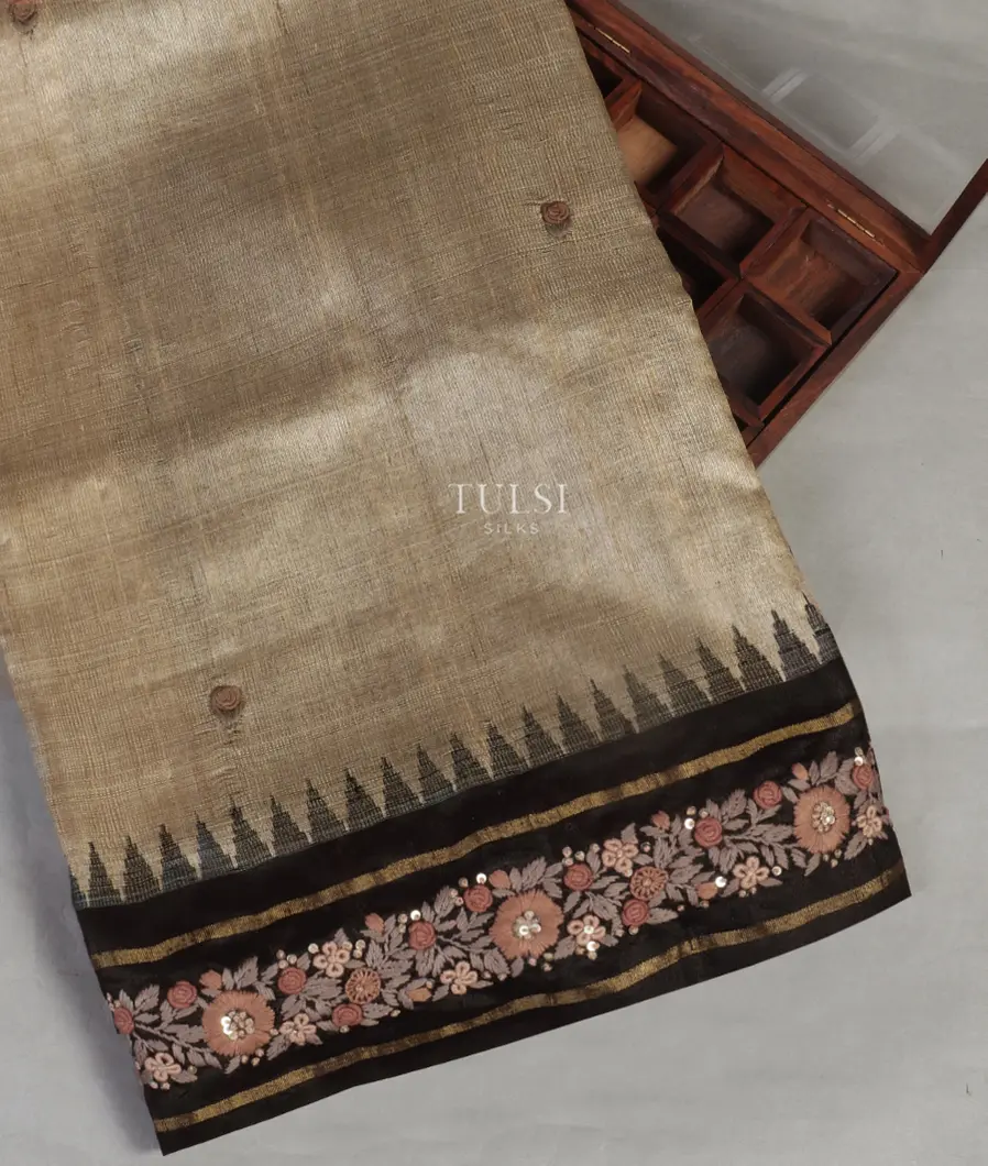 Beige Tussar Embroidery Saree T480785-image
