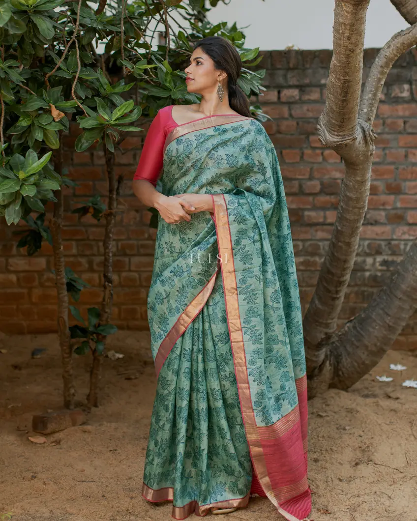 Green Tussar Printed Saree T4897194