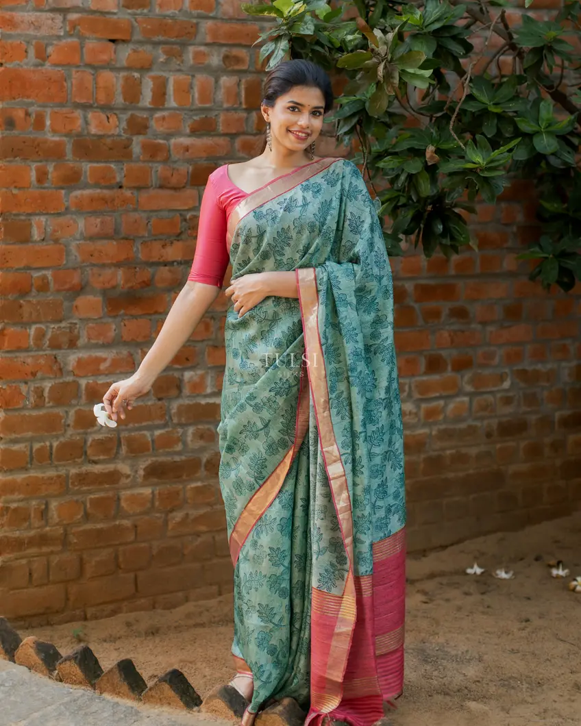 Green Tussar Printed Saree T4897198