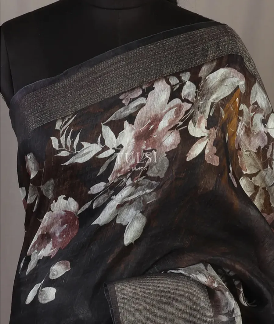 Black Linen Printed Saree T470898-image