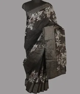 Black Linen Printed Saree T4708982