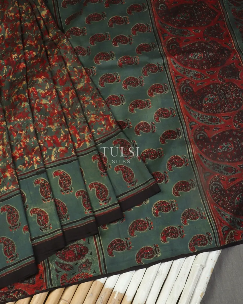 Greyish Blue Ajrakh Silk Saree T4556782