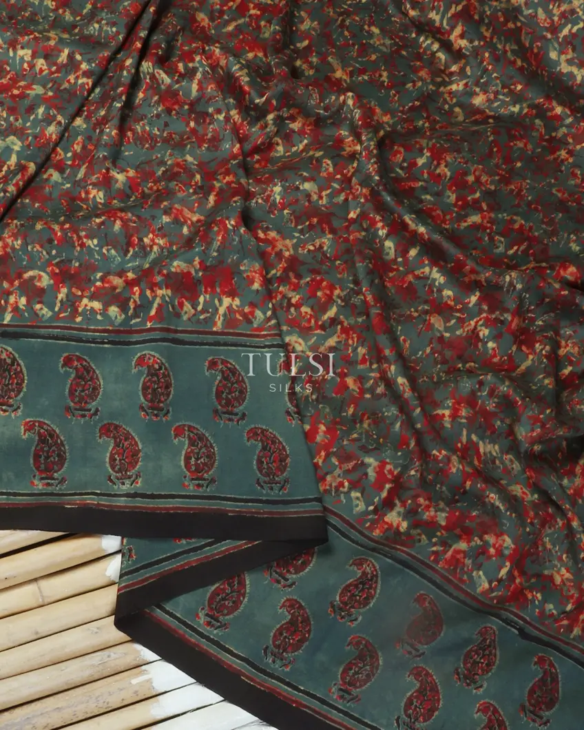 Greyish Blue Ajrakh Silk Saree T4556784