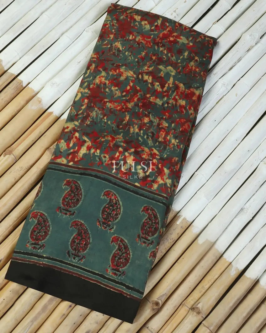 Greyish Blue Ajrakh Silk Saree T455678-image