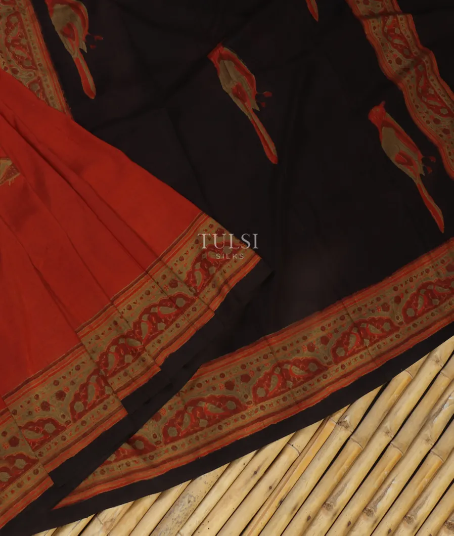 Rust Ajrakh Silk Saree T4878694