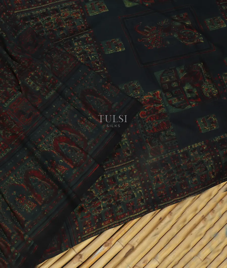 Black Ajrakh Silk Saree T4878704