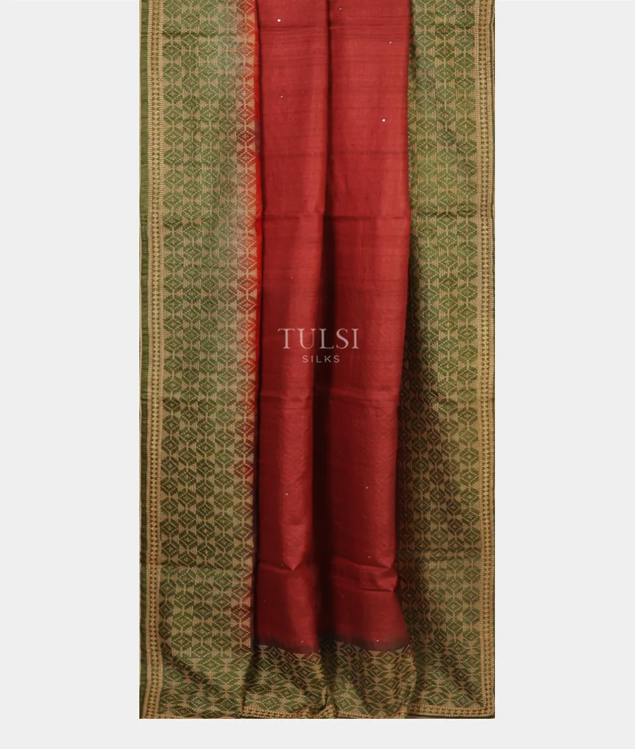 Red Tussar Embroidery Saree T4738542