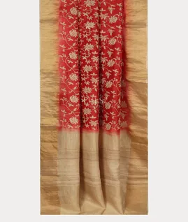 Red Tussar Embroidery Saree T3776192