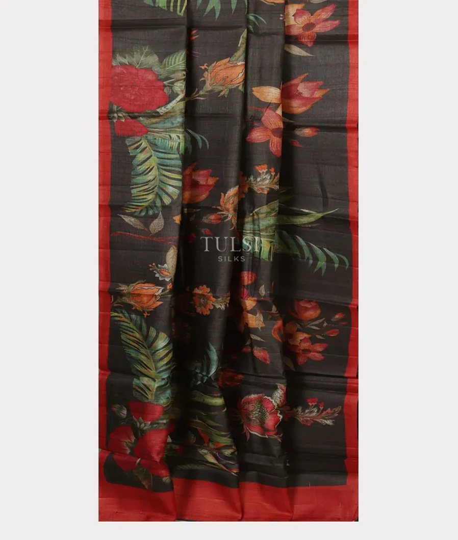 Black Tussar Printed Saree T4538812