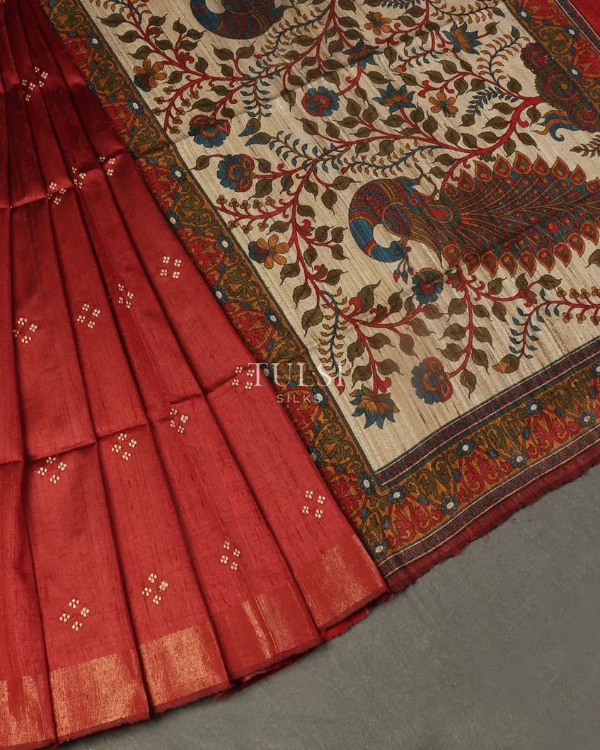 Red Tussar Printed Saree T497046-image