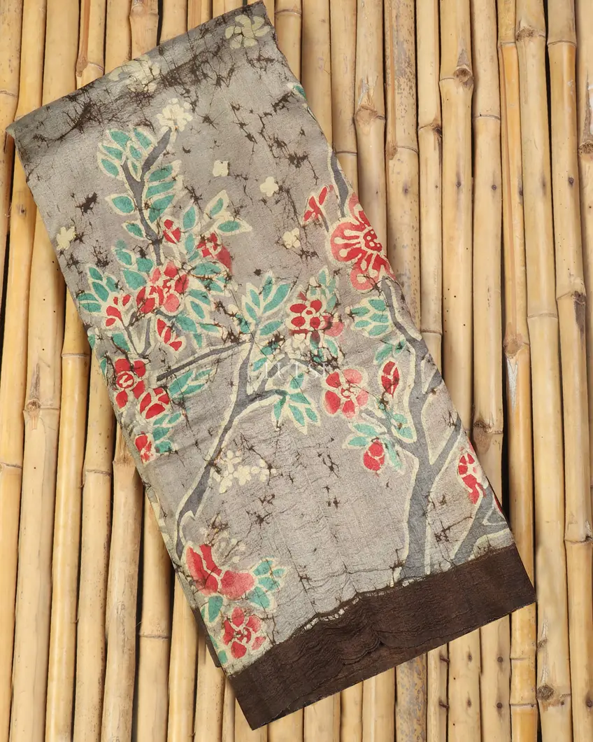 Grey Tussar Batik Printed Saree T497185-image