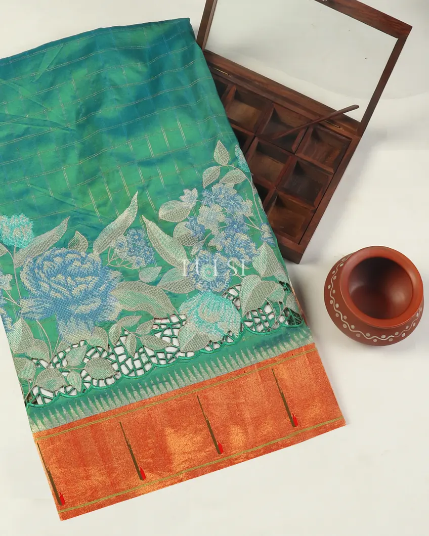 Greenish Blue Paithani Cutwork Silk Saree T497015-image
