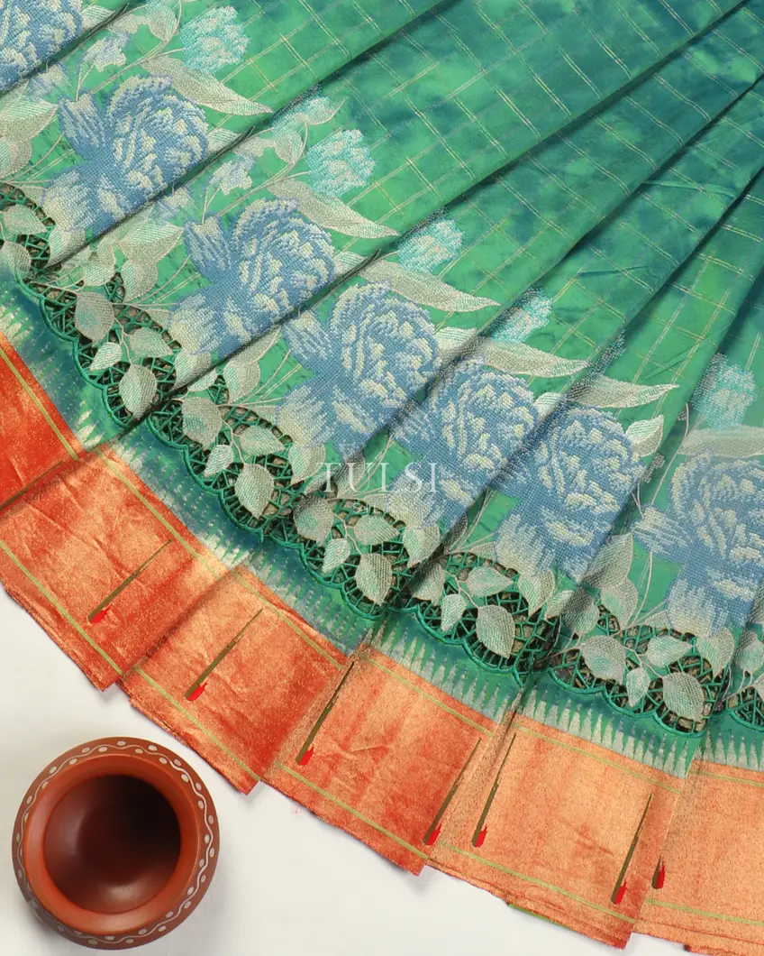Greenish Blue Paithani Cutwork Silk Saree T4970152