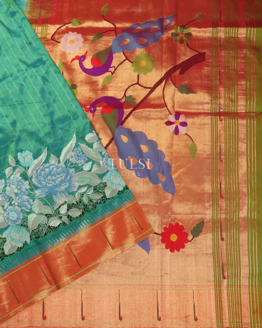 Greenish Blue Paithani Cutwork Silk Saree T4970153