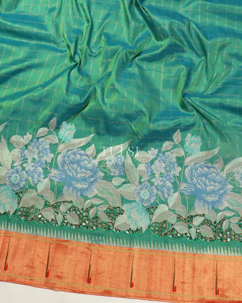 Greenish Blue Paithani Cutwork Silk Saree T4970155