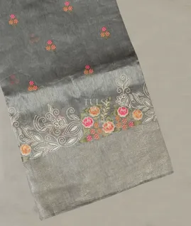 Grey Linen Embroidery Saree T5000531