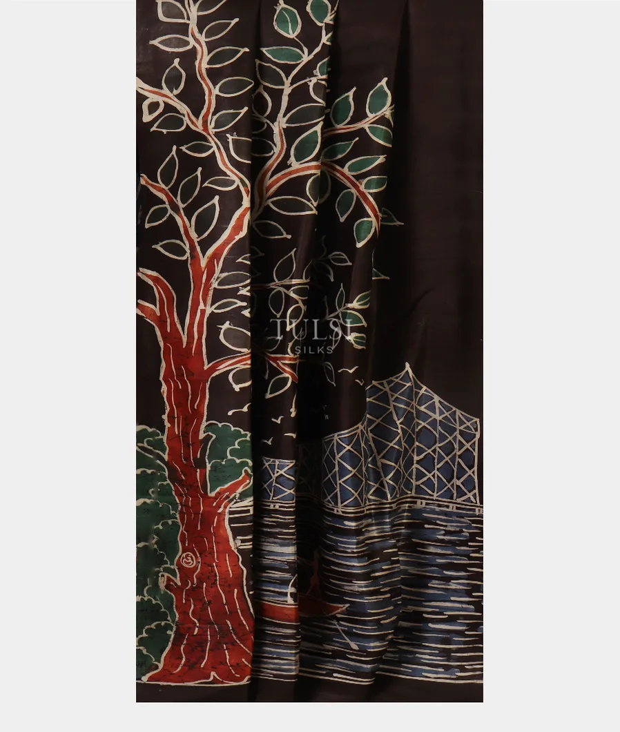 Deep Brown Batik Printed Silk Saree T3564022