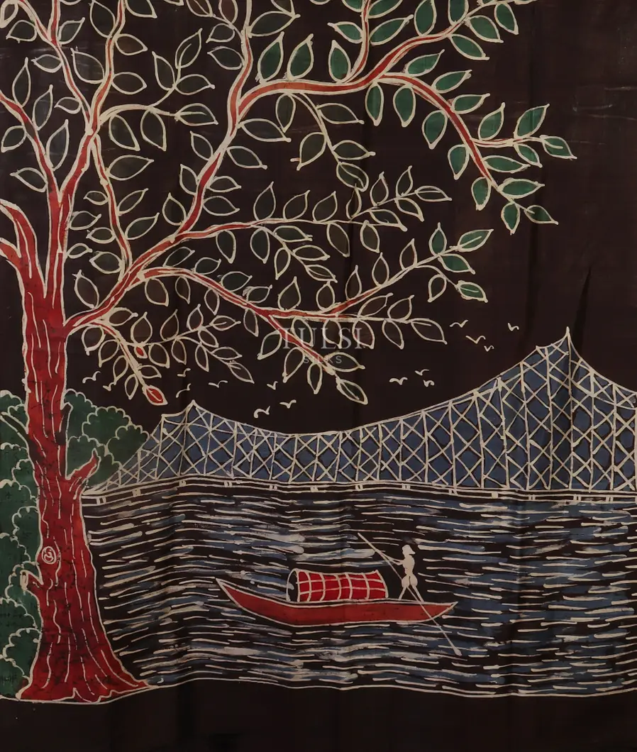 Deep Brown Batik Printed Silk Saree T3564024