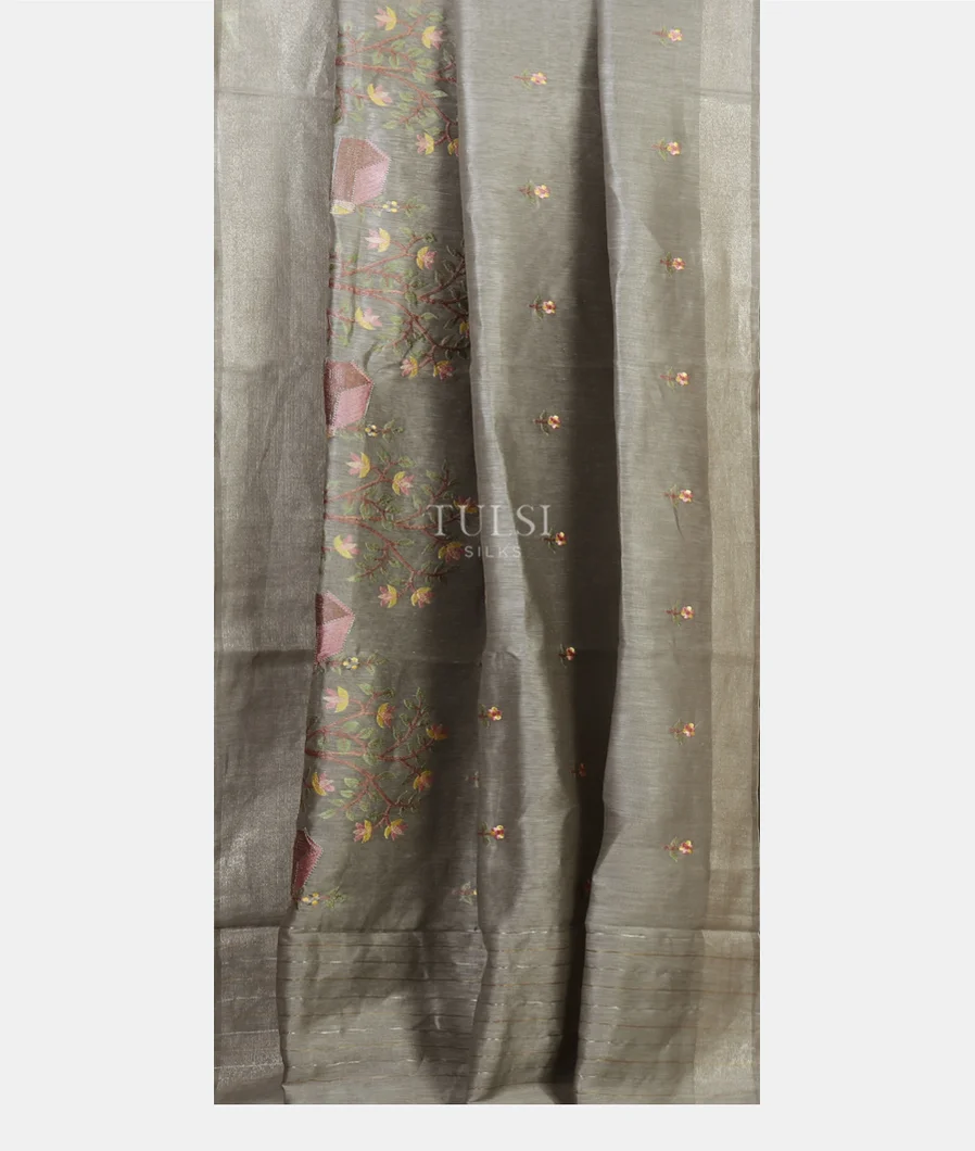 Grey Linen Embroidery Saree T4688192