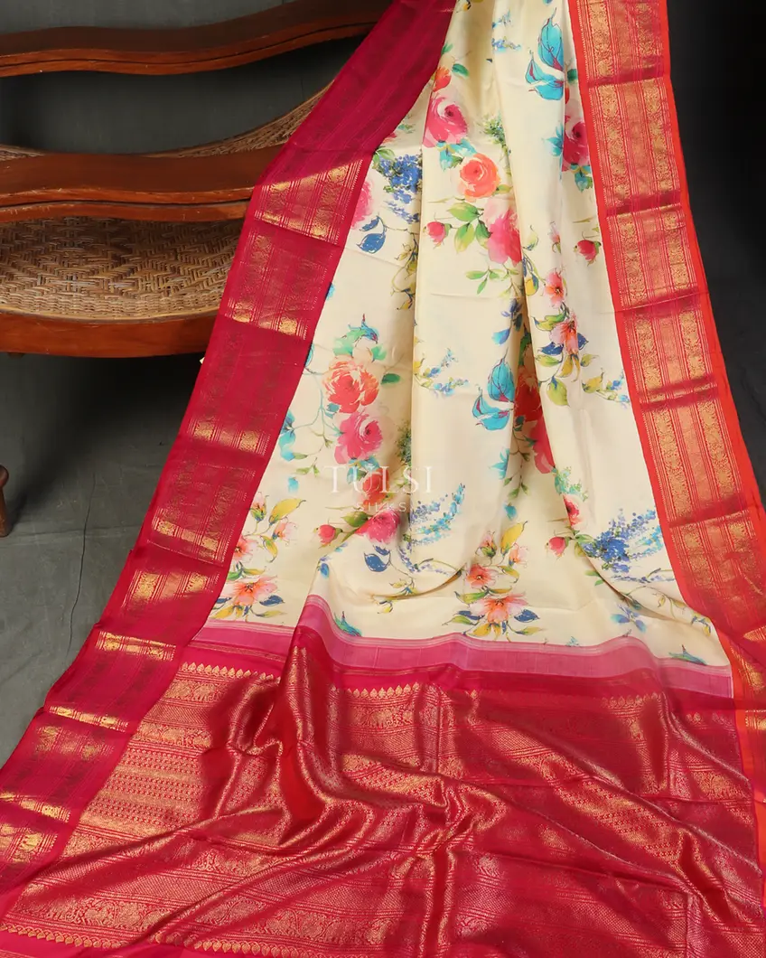 Off-White Printed Kanjivaram Silk Saree T4601972