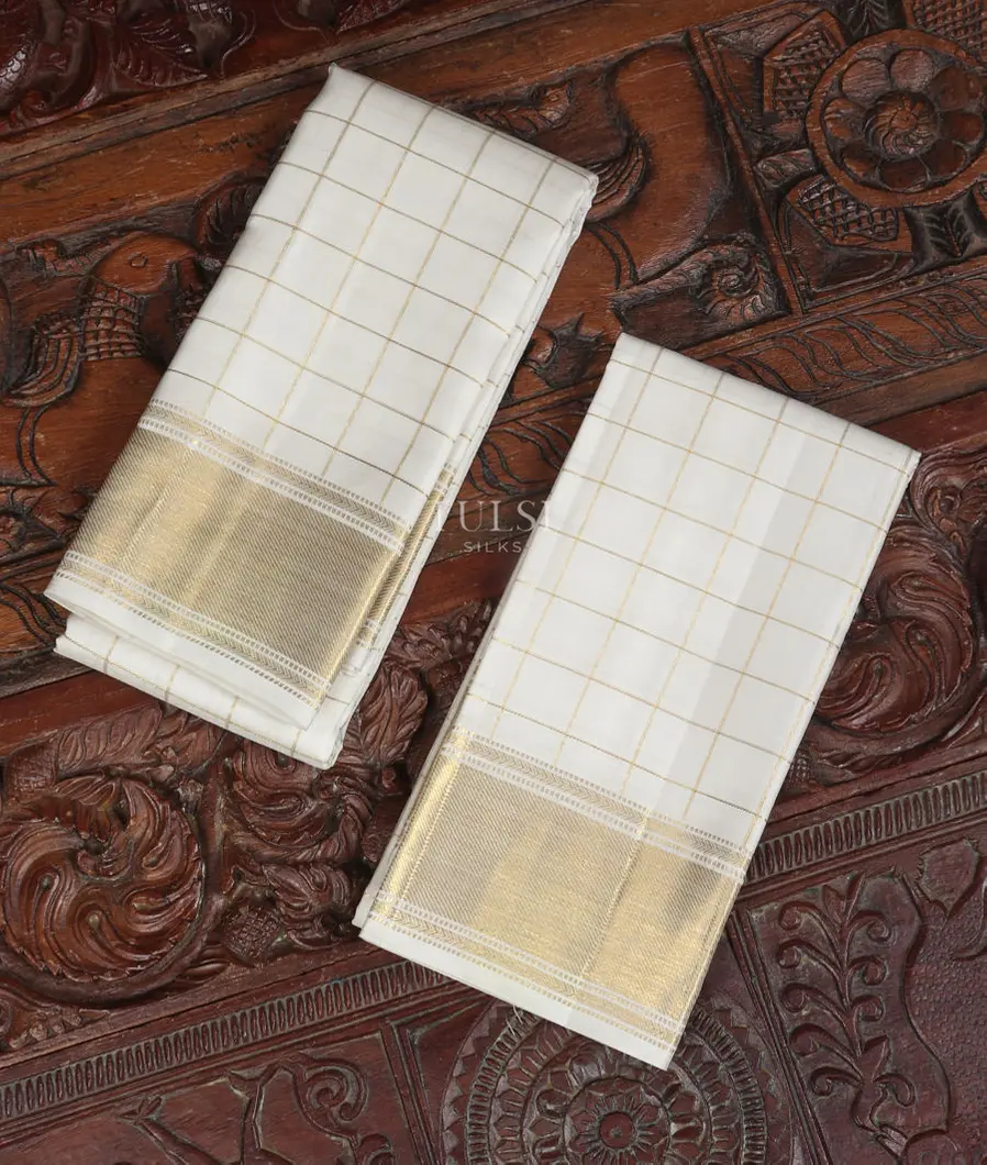White Handwoven Kanjivaram Silk Dhoti and Vastharam T505640-image