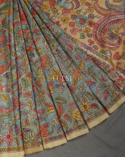 Blue Tussar Handpainted Kalamkari Saree T5049834