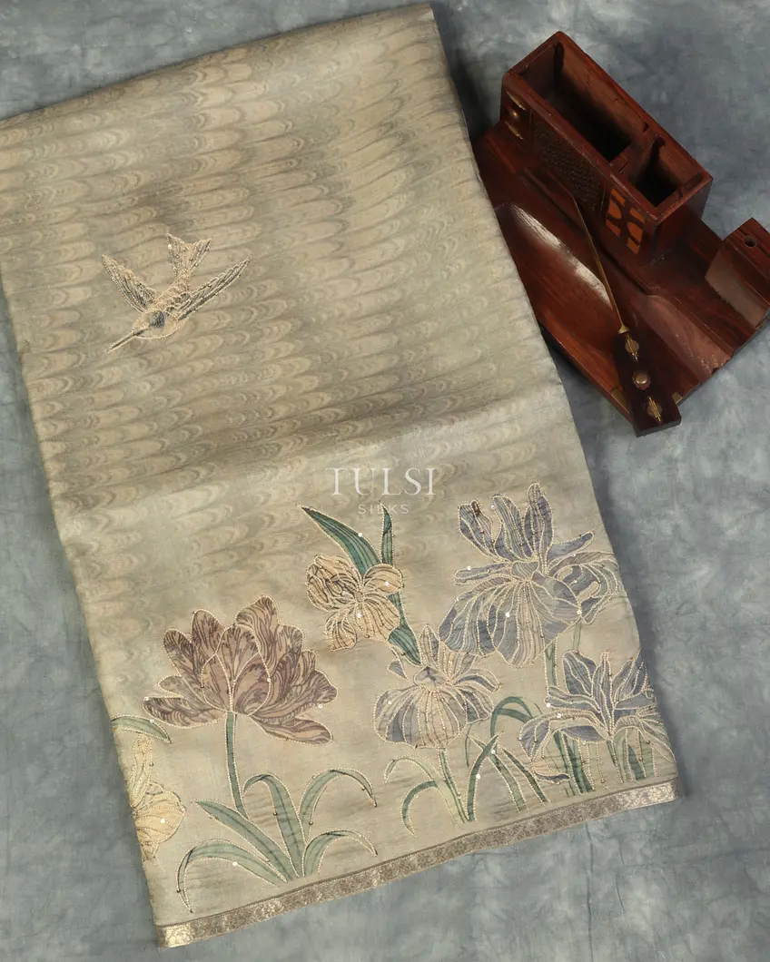 Grey Tussar Embroidery Saree T504663-image