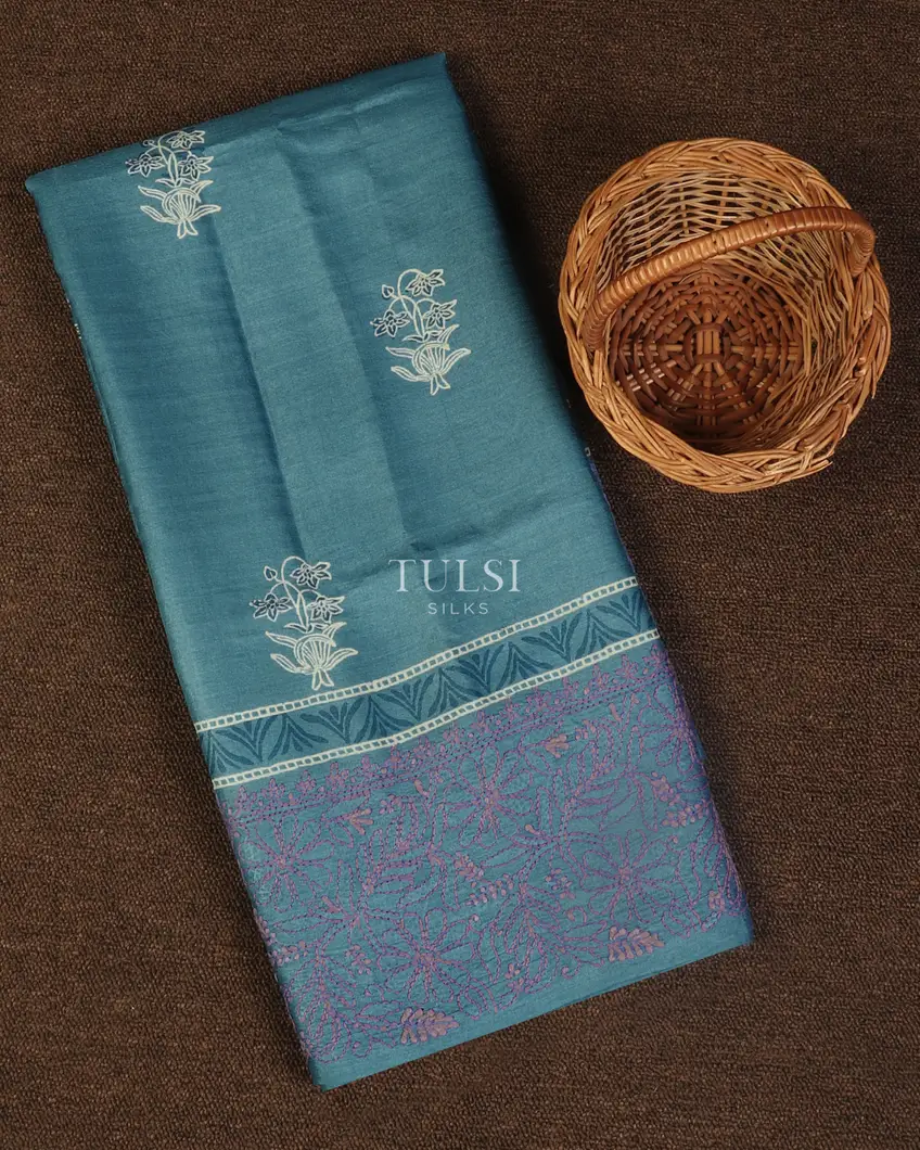 Blue Tussar Embroidery Saree T489349-image