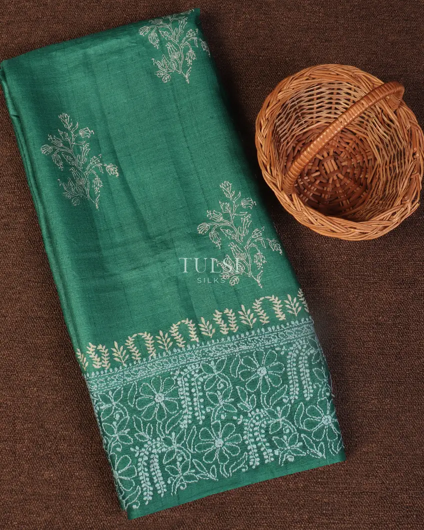 Teal Green Tussar Embroidery Saree T471531-image
