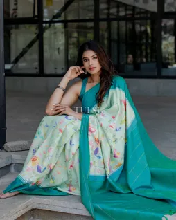Light Blue Hand Printed Kanjivaram Silk Saree T5061724