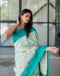 Light Blue Hand Printed Kanjivaram Silk Saree T5061725