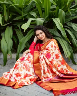 Off-White Hand Printed Kanjivaram Silk Saree T4187678