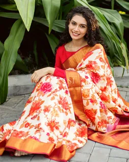 Off-White Hand Printed Kanjivaram Silk Saree T41876711